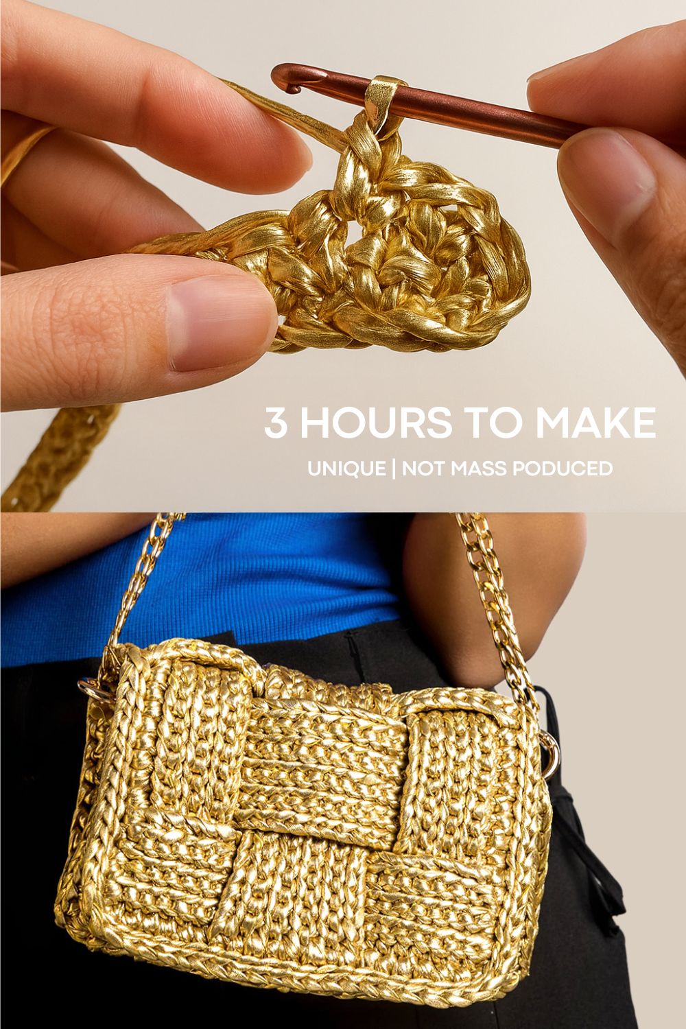 Hands crocheting gold metallic yarn – each Kvàrski bag handmade in three hours, unique and never mass produced