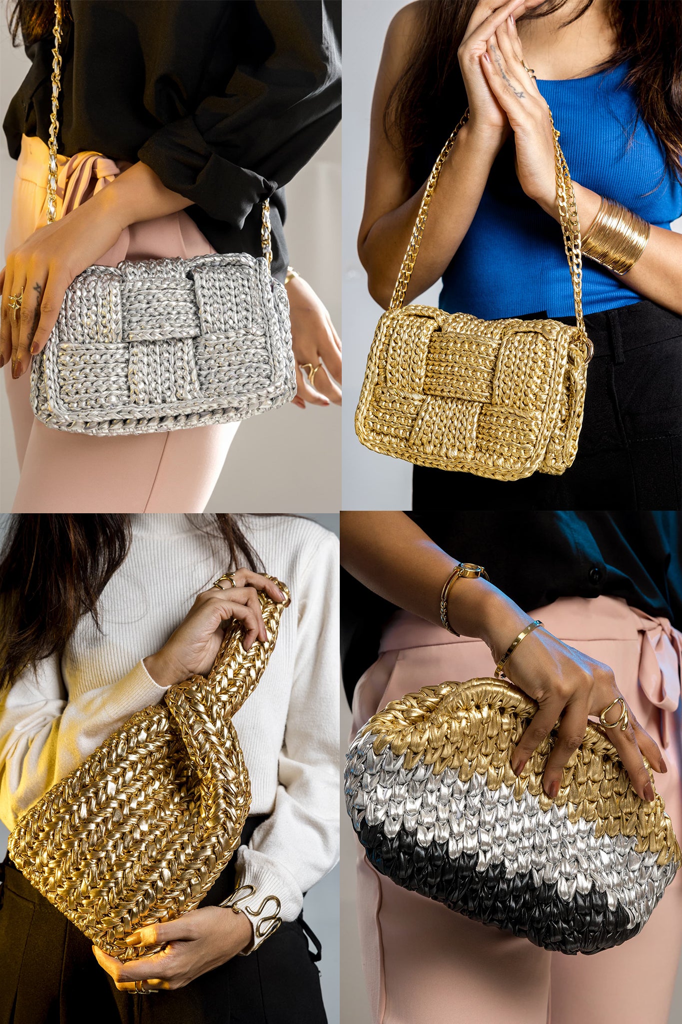 Grid of Kvarski metallic Handwoven bags