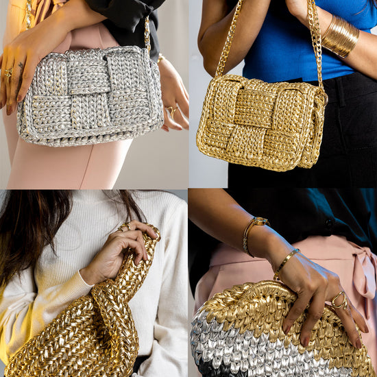 Grid of Kvarski metallic Handwoven bags